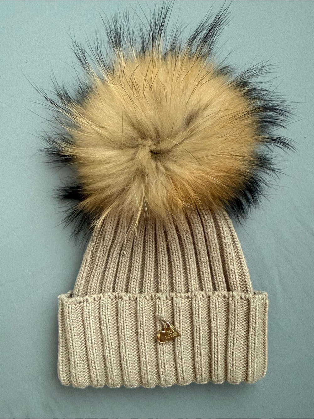 Miloves powder pink Ribbed Knit Angora Beanie with Faux Fur Pom